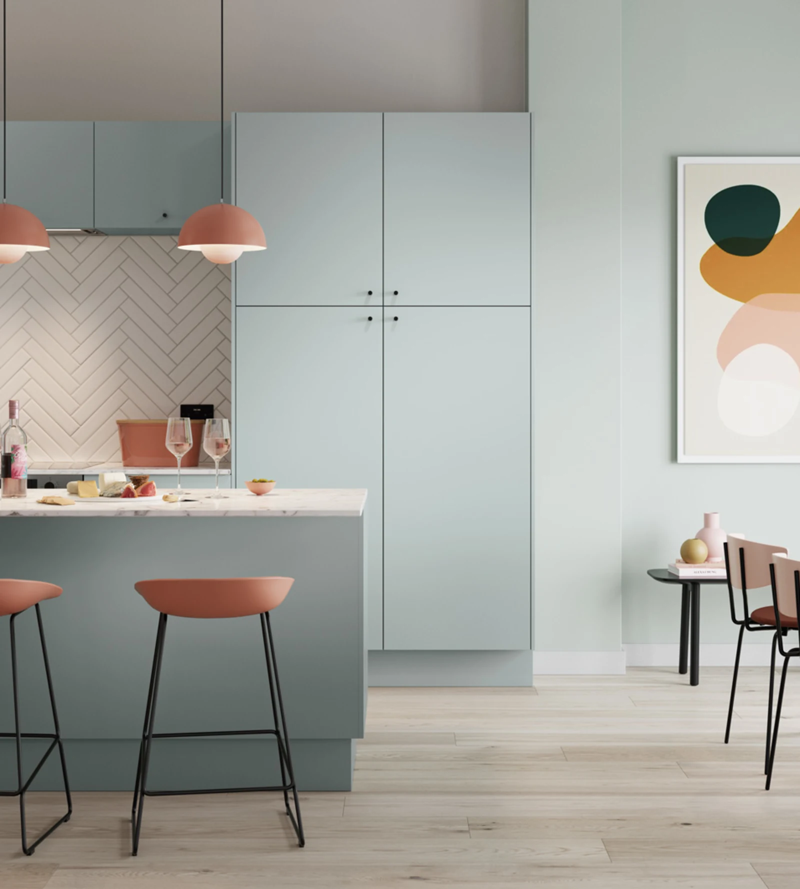 A contemporary kitchen featuring sleek blue cabinets and vibrant orange stools, showcasing a stylish and inviting design.