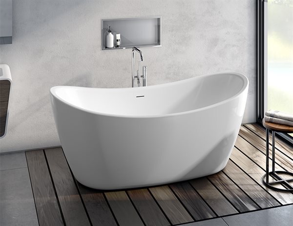 A pristine white bathtub is positioned in a stylish bathroom, complemented by a rich wooden floor for a cozy ambiance.