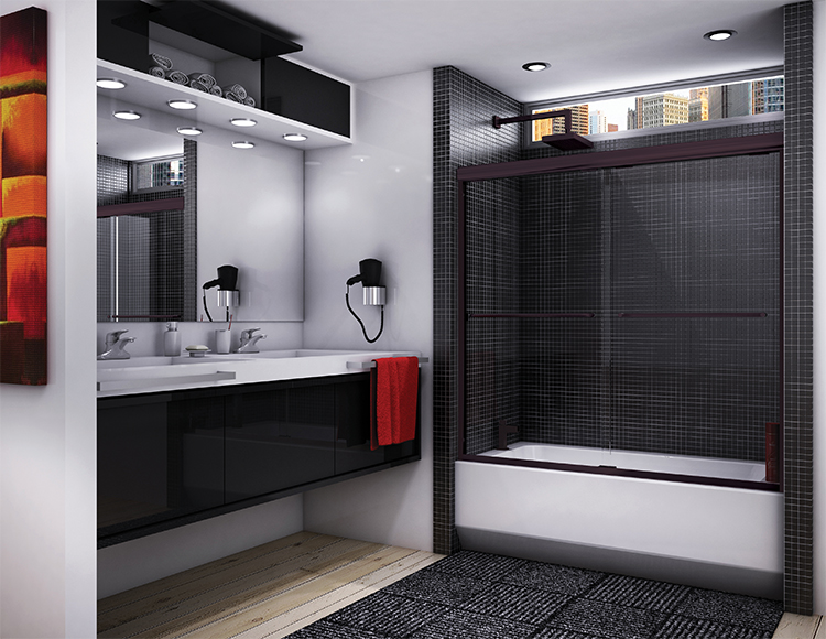 A clean bathroom featuring a shower, sink, and toilet, designed for functionality and comfort.