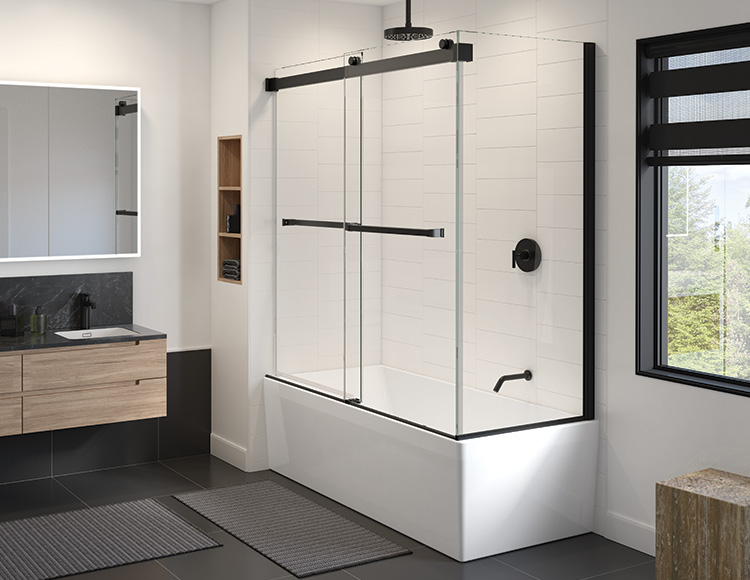 A contemporary bathroom featuring a sleek shower and a stylish bathtub, showcasing modern design elements and fixtures.