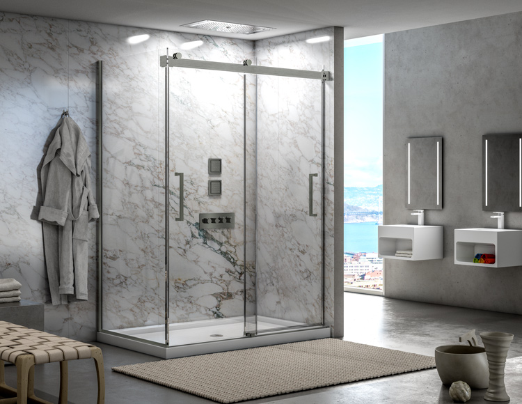 A contemporary bathroom featuring a spacious walk-in shower, sleek fixtures, and elegant design elements.