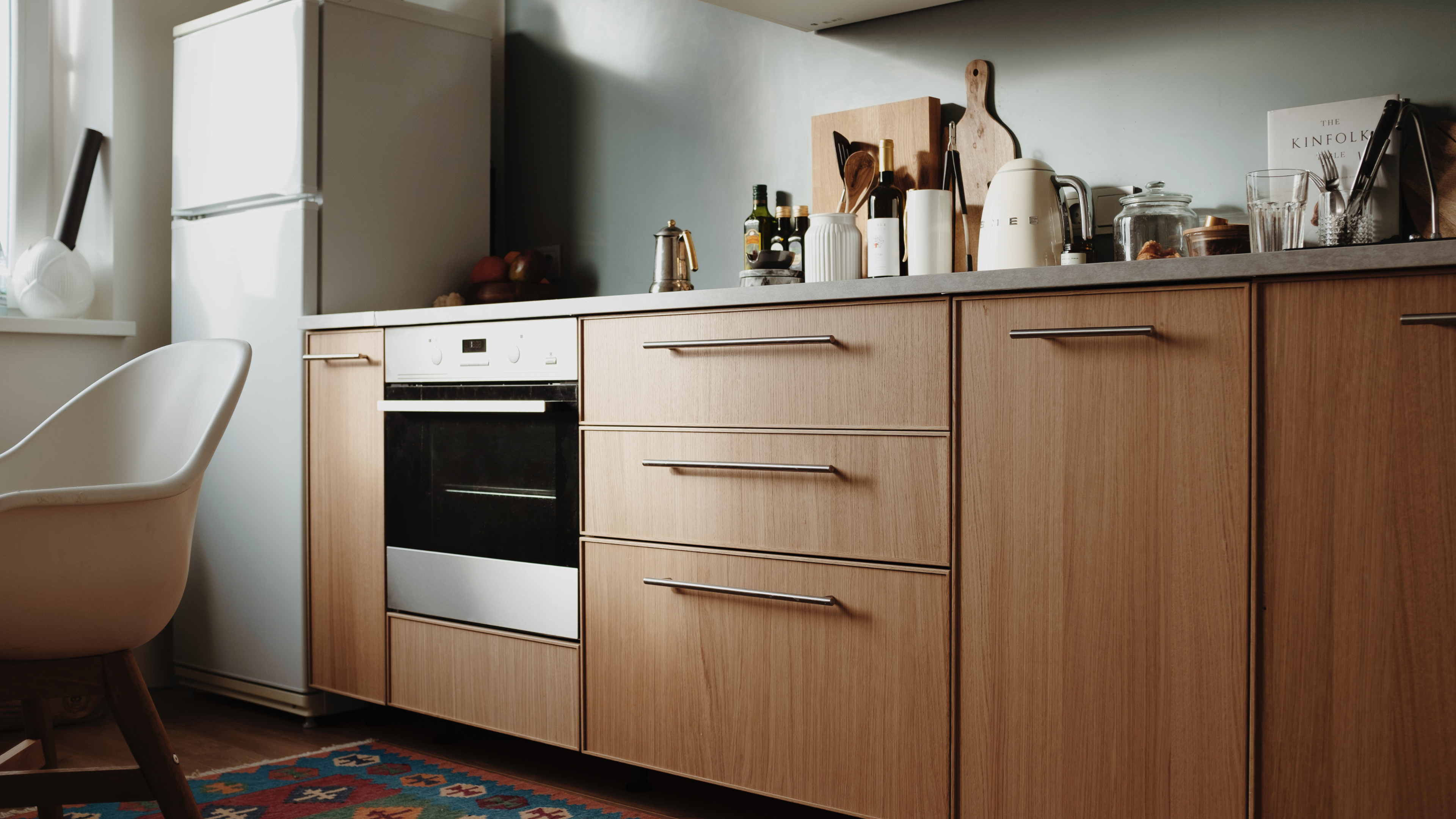 Standard kitchen with brown cabinets