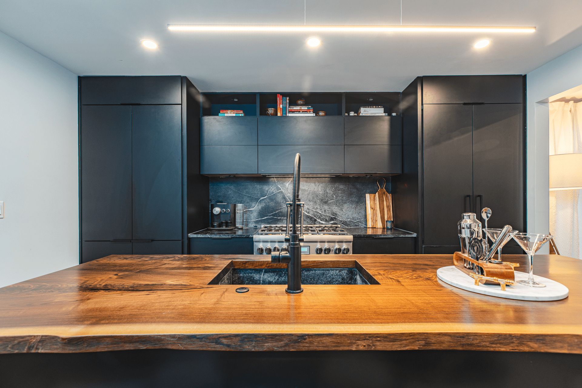 A bright kitchen scene highlighting a spacious counter and a practical sink